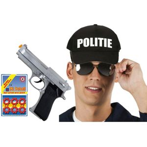 Carnaval verkleed politie agent pet/cap - zwart - pistool 8-shots/zonnebril - heren/dames