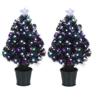 2x Fiber optic kerstboom/kunst kerstboom met knipperende verlichting en piek ster 60 cm