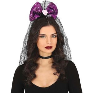 Halloween thema diadeem met strik en sluier - one size - zwart/paars - meisjes/dames