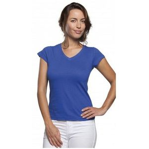 Dames t-shirt V-hals kobalt blauw 100% katoen slimfit - Dameskleding shirts 36