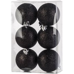 36x Kunststof kerstballen glitter zwart 6 cm kerstboom versiering/decoratie