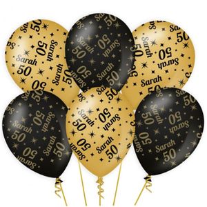 6x stuks luxe Sarah/50 jaar feest ballonnen - goud/zwart - latex - ca 30 cm