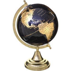 Decoratie wereldbol/globe zwart/goud op metalen voet D20 x H33 cm