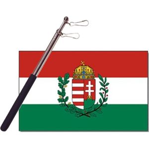 Landen vlag Hongarije - 90 x 150 cm - met compacte draagbare telescoop vlaggenstok - supporters