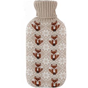 Warmwaterkruik 2 liter met zachte gebreide vossen print hoes beige