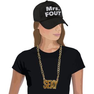 Mrs. FOUT baseballcap zwart/zilver dames en een zilveren sexy ketting