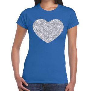 Zilveren hart glitter fun t-shirt blauw voor dames