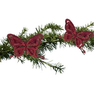 2x stuks kerstboom decoratie vlinders op clip glitter bordeaux rood 14 cm