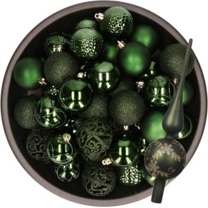 Kerstversiering- 38-dlg- donkergroen -kunststof kerstballen en glas piek