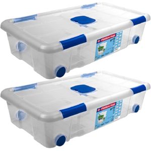 2x Opbergboxen/opbergdozen met deksel en wieltjes 30 liter kunststof transparant/blauw - 73 x 41 x 17 cm - Opbergbakken