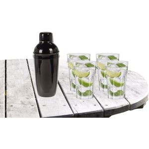 Cocktailshaker met 4x Cocktailglazen Mojito transparant 410 ml