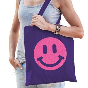 Bellatio Decorations Cadeau tas dames - smiley - paars - katoen - 42 x 38 cm -Moederdag - verjaardag