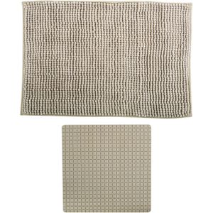 MSV Douche anti-slip mat en droogloop mat - Sevilla badkamer set - rubber/microvezel - beige