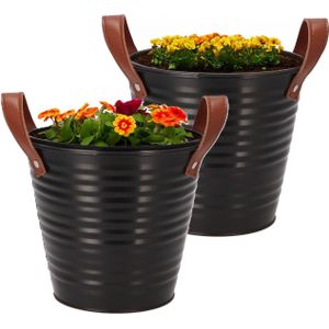 DK Design plantenpot/bloempot emmer Leather- 2x - zink - zwart - D16 x H15 cm