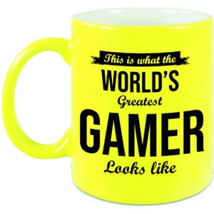 Worlds Greatest Gamer cadeau mok / beker neon geel 330 ml