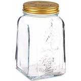 Pasabahce Voorraadpot/bewaarpot Square - 2x - glas - 1L - transparant/goud - D10 x H17 cm - voedsel bewaren