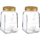 Pasabahce Voorraadpot/bewaarpot Square - 2x - glas - 1L - transparant/goud - D10 x H17 cm - voedsel bewaren