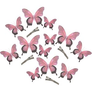 12x stuks decoratie vlinders op clip - roze - 3 formaten - 12/16/20 cm