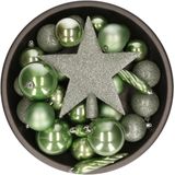 Kerstversiering kunststof kerstballen en hangers salie groen 5-6-8 cm pakket van 39x stuks - Met ster vorm piek van 19 cm