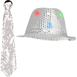 Carnaval verkleed set hoed met stropdas zilver glitters