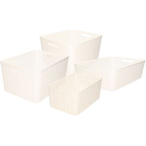 Set van 4x stuks opbergboxen/opbergmandjes rotan parel wit kunststof