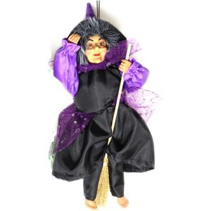 Creation decoratie heksen pop - vliegend op bezem - 35 cm - zwart/paars - Halloween versiering