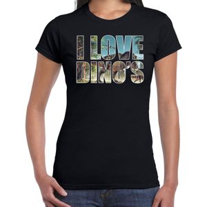 Tekst shirt I love dinosaurs foto zwart voor dames - cadeau t-shirt dinosauriers liefhebber