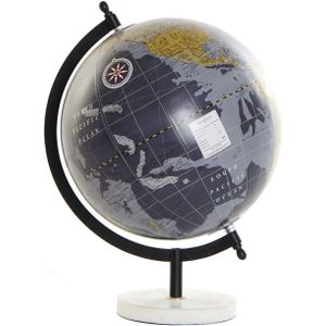 Decoratie wereldbol/globe donkerblauw op marmeren voet 22 x 30 cm