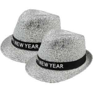2x stuks happy New Year thema glitters verkleed hoedje zilver