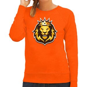 Koningsdag sweater oranje voor dames - oranje fan trui leeuwenkop met kroon