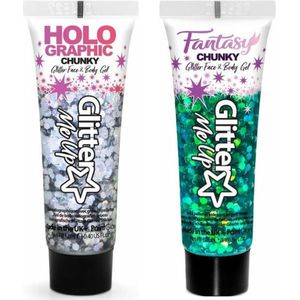 Paintglow Chunky Glittergel voor lichaam en gezicht - 2 tubes - zilver en zeemeermin groen - 12 ml