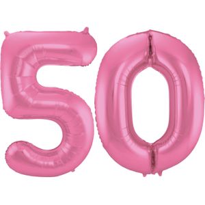 Leeftijd feestartikelen/versiering grote folie ballonnen 50 jaar glimmend roze 86 cm