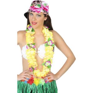 Carnaval verkleed set - Tropische Hawaii party - bucket hoedje wit - met bloemenslinger geel