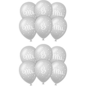 12x stuks Mr. &amp; Mrs huwelijks feest ballonnen - zilver/wit - latex - ca 30 cm