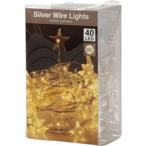 Draadverlichting sterren lampjes aan zilverdraad op batterij warm wit 40 lampjes 200 cm