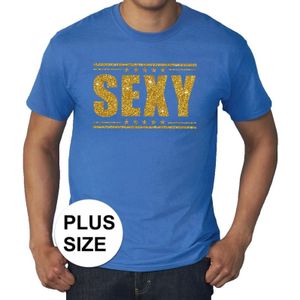 Blauw t-shirt in grote maat heren met tekst sexy in gouden glitter letters