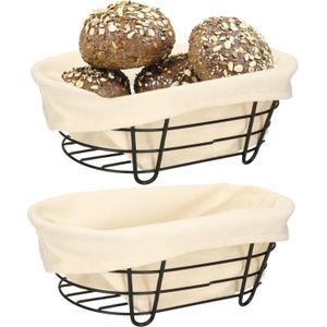 5Five Broodmand Bistro - 2x stuks - metaal/stof - ovaal - zwart/creme wit - 28 x 18 x 11 cm