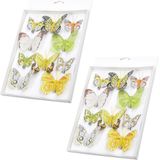 20x stuks decoratie vlinders op clip geel/groen 5 tot 8 cm