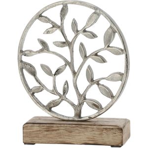 Decoratie levensboom rond van aluminium op houten voet 20 cm zilver