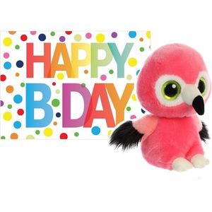 Pluche knuffel flamingo 20 cm met A5-size Happy Birthday wenskaart