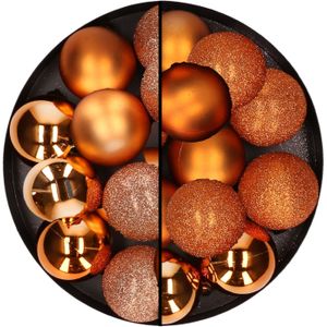 24x stuks kunststof kerstballen mix van koper en oranje 6 cm