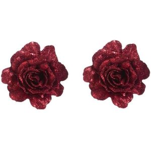 2x Rode decoratie roos glitters op clip 10 cm