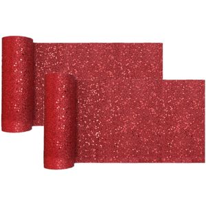 Santex Kerstdiner glitter tafelloper smal op rol - 2x - rood - 18 x 500 cm - polyester