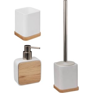 Badkamer/toilet accessoires set 3-delig - wit - bamboe - WC-borstel/tandenborstelhouder/zeeppompje