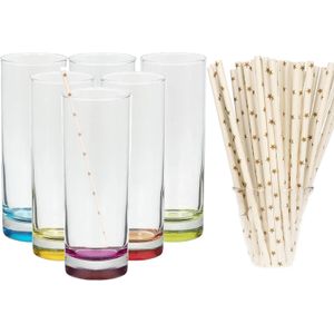 Set van 6x longdrinkglazen en 100x duurzame rietjes papier - 310 ml