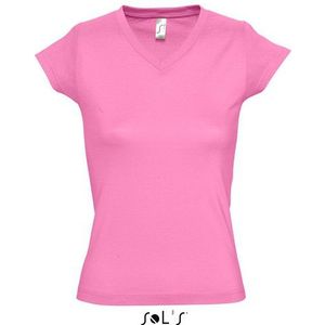 Dames t-shirt  V-hals roze 100% katoen slimfit