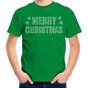Glitter kerst t-shirt groen Merry Christmas glitter steentjes voor kinderen - Glitter kerst shirt