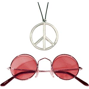 Hippie Flower Power Sixties verkleed set ketting met rode party bril