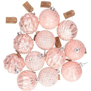 G. Wurm Kerstballen - roze - 12 stuks - glas - luxe - gedecoreerd