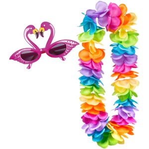 Tropische Hawaii party verkleed accessoires set - Flamingos zonnebril - bloemenkrans kleurenmix